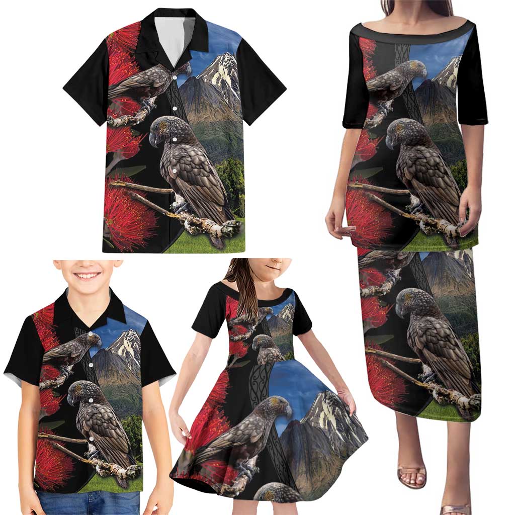 New Zealand Kea And Pohutukawa Family Matching Puletasi and Hawaiian Shirt With The Mountain Landscape