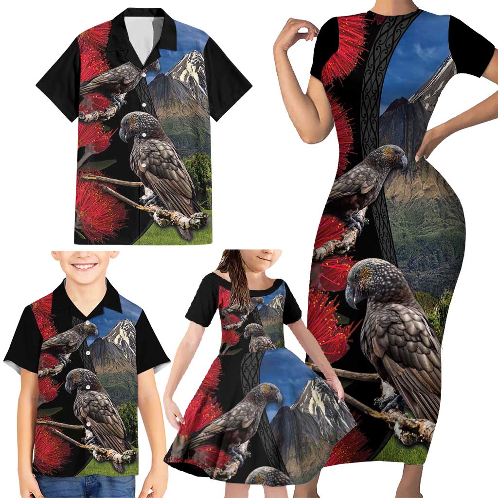 New Zealand Kea And Pohutukawa Family Matching Short Sleeve Bodycon Dress and Hawaiian Shirt With The Mountain Landscape