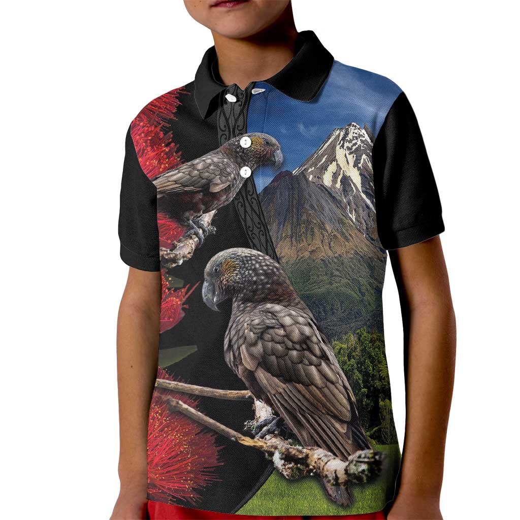 New Zealand Kea And Pohutukawa Kid Polo Shirt With The Mountain Landscape