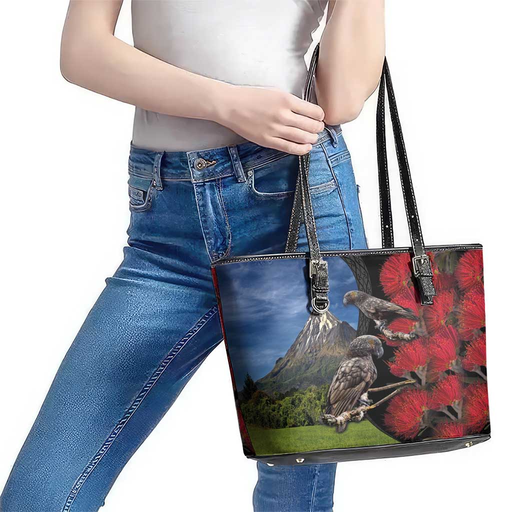New Zealand Kea And Pohutukawa Leather Tote Bag With The Mountain Landscape LT03 - Polynesian Pride