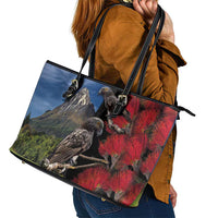 New Zealand Kea And Pohutukawa Leather Tote Bag With The Mountain Landscape LT03 - Polynesian Pride