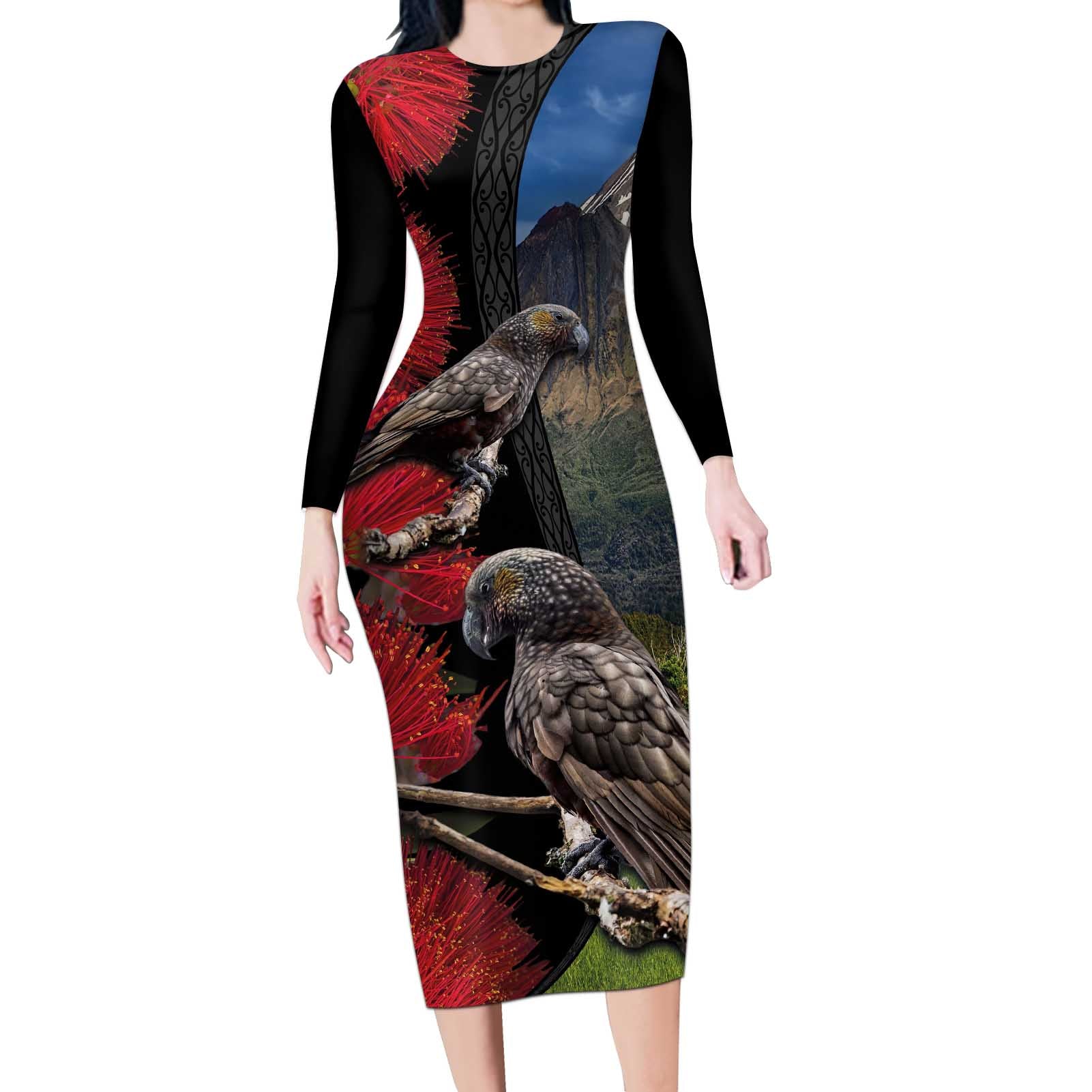 New Zealand Kea And Pohutukawa Long Sleeve Bodycon Dress With The Mountain Landscape