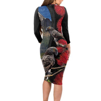 New Zealand Kea And Pohutukawa Long Sleeve Bodycon Dress With The Mountain Landscape