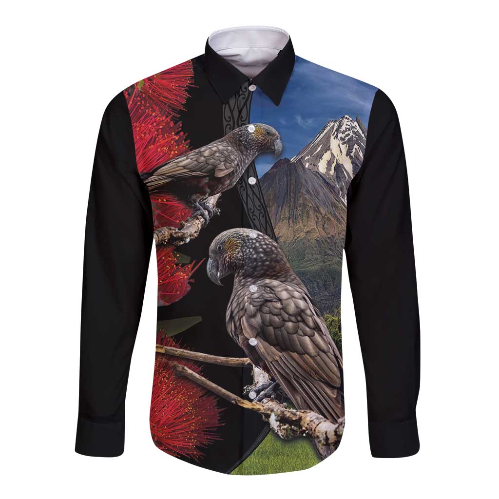 New Zealand Kea And Pohutukawa Long Sleeve Button Shirt With The Mountain Landscape