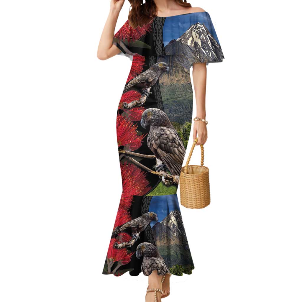 New Zealand Kea And Pohutukawa Mermaid Dress With The Mountain Landscape