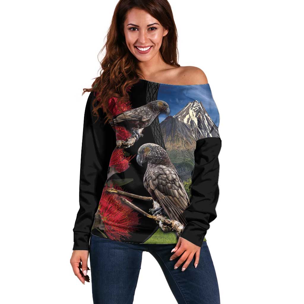 New Zealand Kea And Pohutukawa Off Shoulder Sweater With The Mountain Landscape