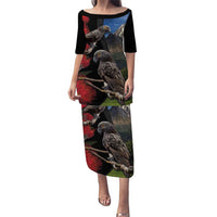 New Zealand Kea And Pohutukawa Puletasi With The Mountain Landscape LT03 Long Dress Black - Polynesian Pride