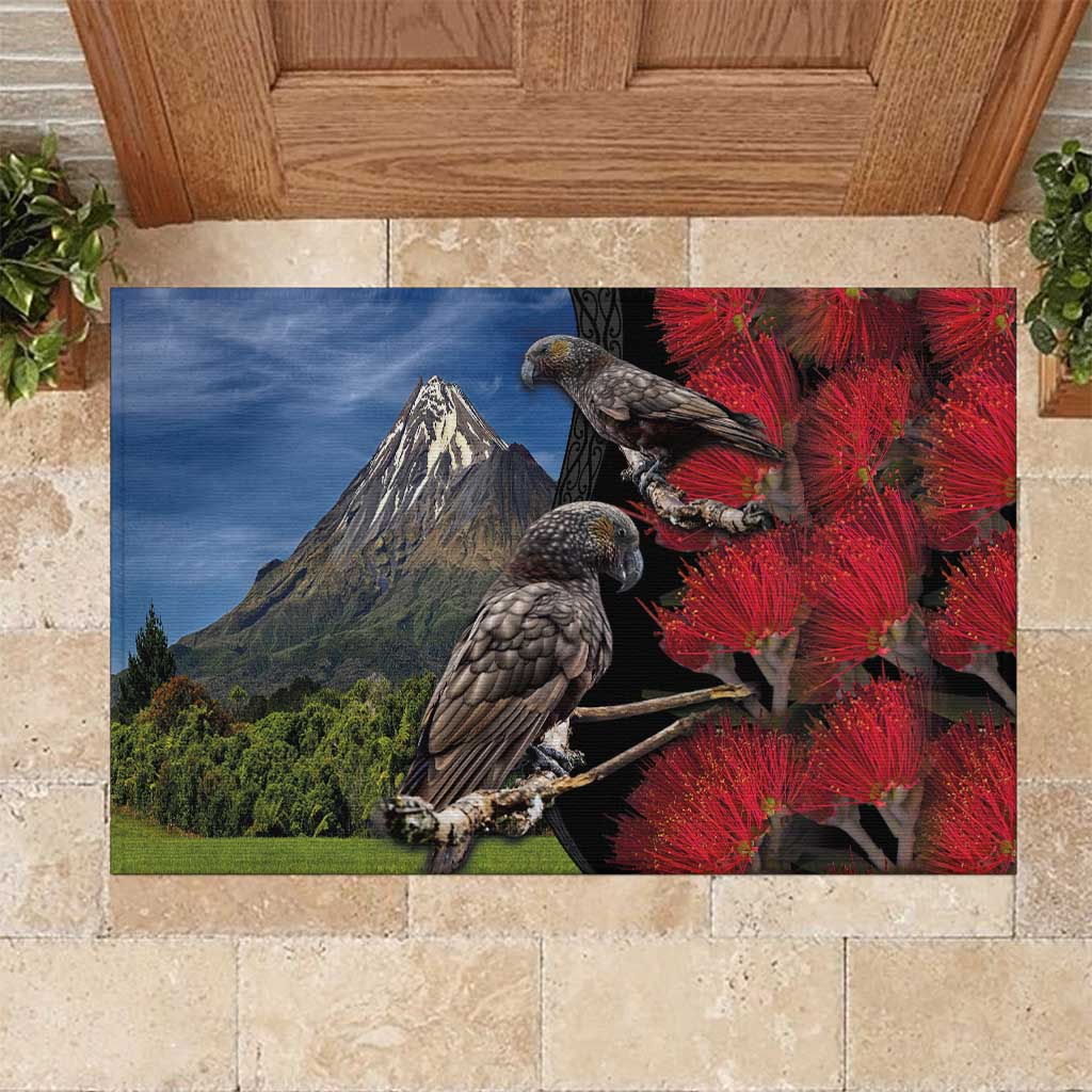 New Zealand Kea And Pohutukawa Rubber Doormat With The Mountain Landscape LT03 Black - Polynesian Pride