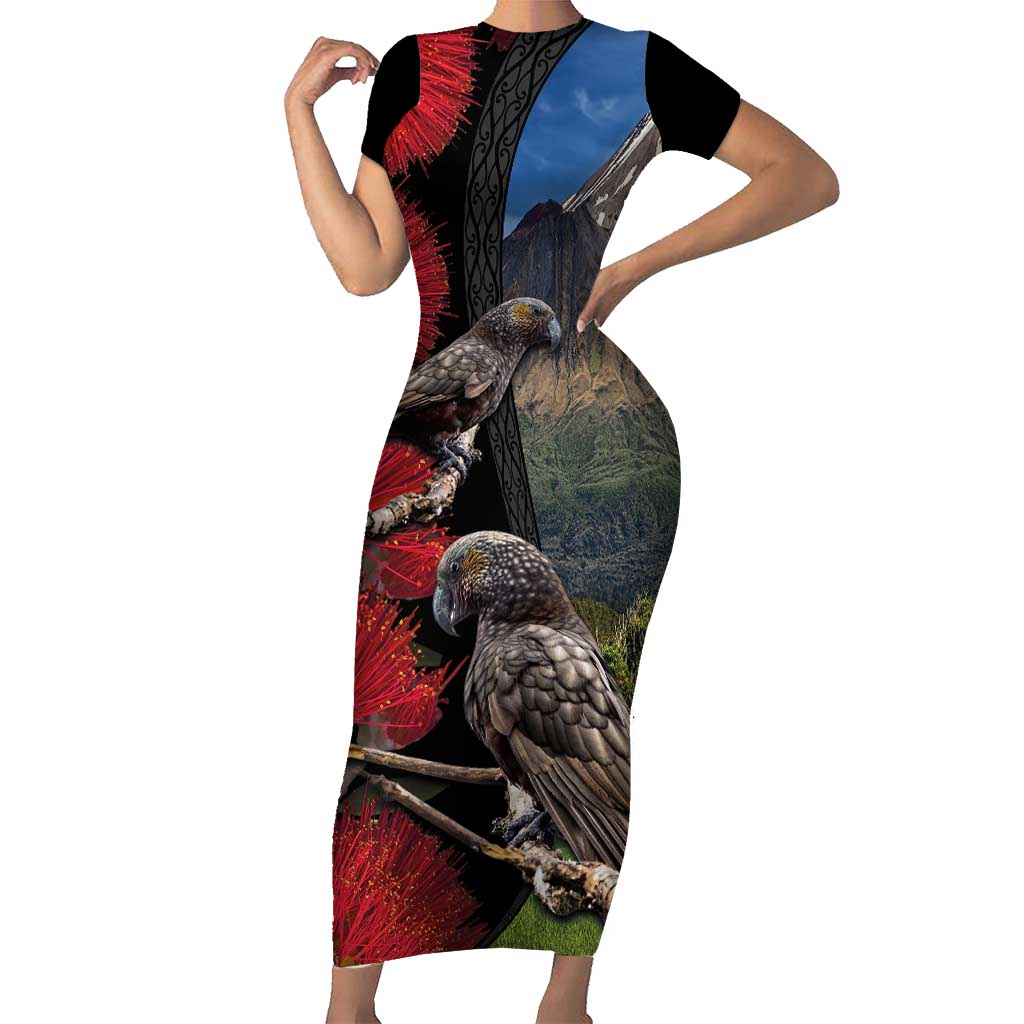 New Zealand Kea And Pohutukawa Short Sleeve Bodycon Dress With The Mountain Landscape