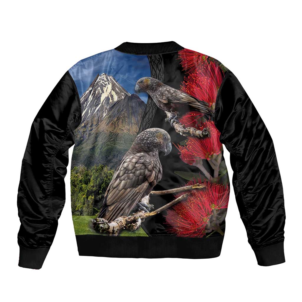 New Zealand Kea And Pohutukawa Sleeve Zip Bomber Jacket With The Mountain Landscape
