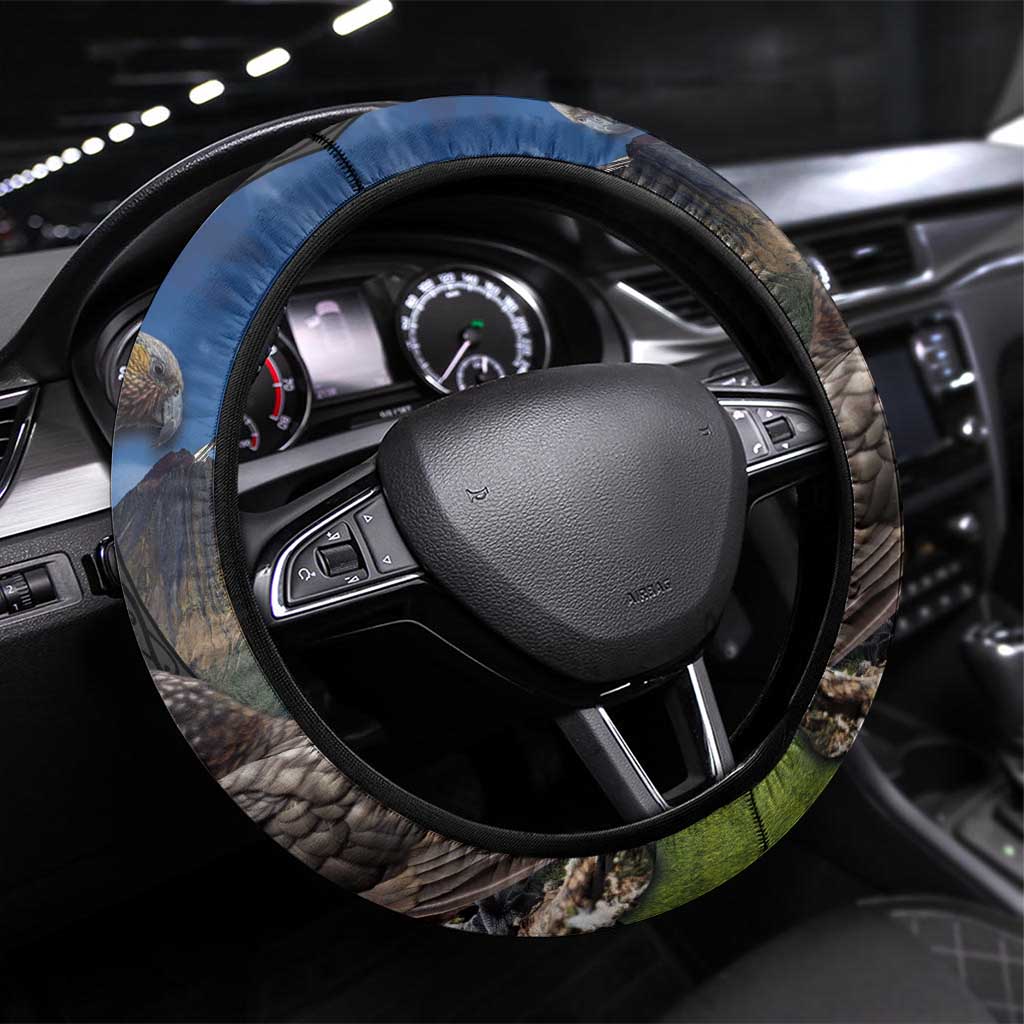 New Zealand Kea And Pohutukawa Steering Wheel Cover With The Mountain Landscape LT03 Universal Fit Black - Polynesian Pride