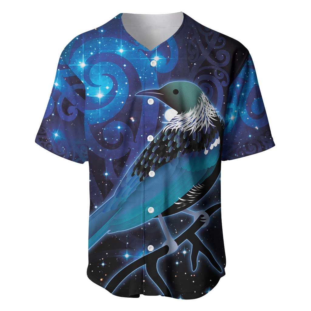 New Zealand Tui Bird Baseball Jersey The Pleiades Star Cluster and Koru Tribal Tattoo Galaxy Vibe