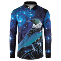 New Zealand Tui Bird Button Sweatshirt The Pleiades Star Cluster and Koru Tribal Tattoo Galaxy Vibe