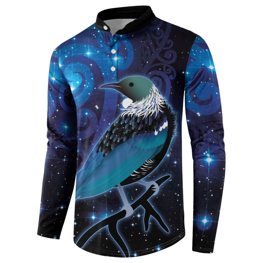 New Zealand Tui Bird Button Sweatshirt The Pleiades Star Cluster and Koru Tribal Tattoo Galaxy Vibe