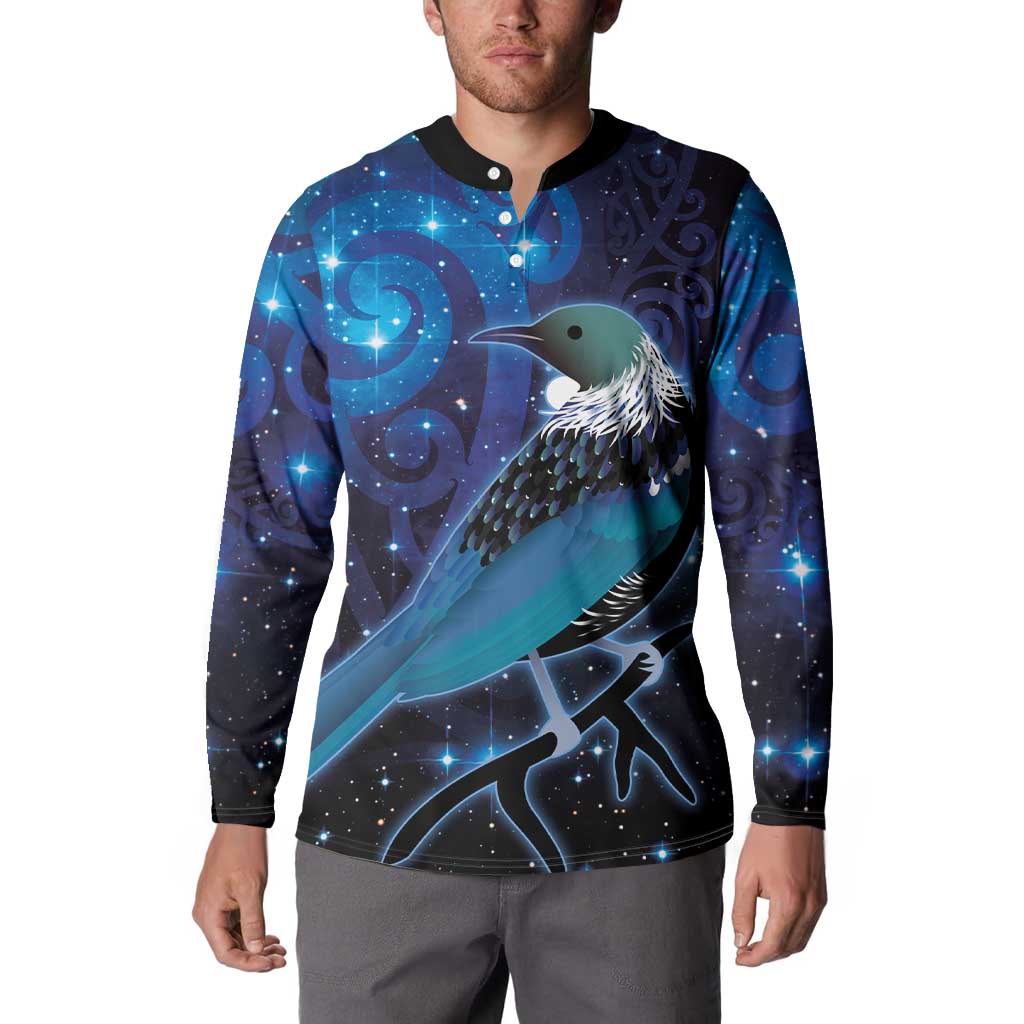 New Zealand Tui Bird Button Sweatshirt The Pleiades Star Cluster and Koru Tribal Tattoo Galaxy Vibe