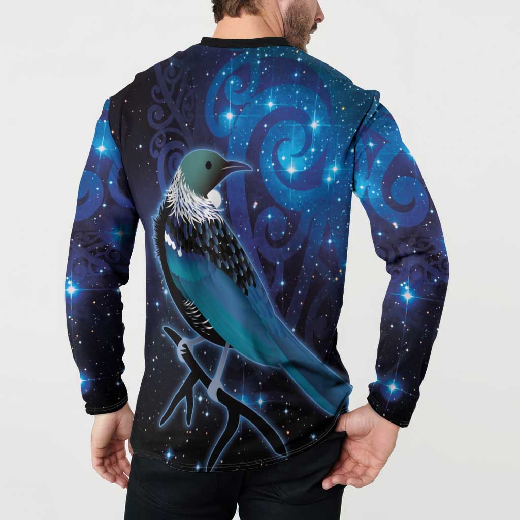 New Zealand Tui Bird Button Sweatshirt The Pleiades Star Cluster and Koru Tribal Tattoo Galaxy Vibe