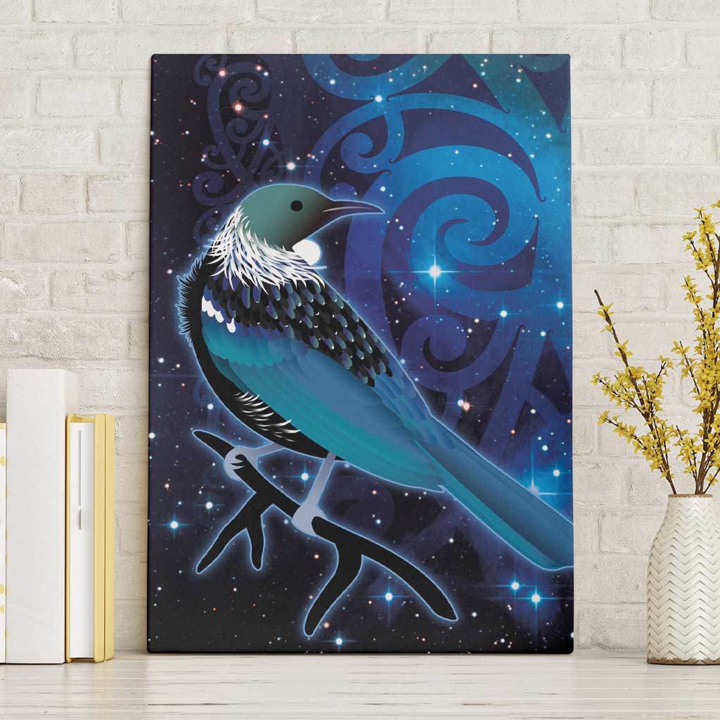 New Zealand Tui Bird Canvas Wall Art The Pleiades Star Cluster and Koru Tribal Tattoo Galaxy Vibe