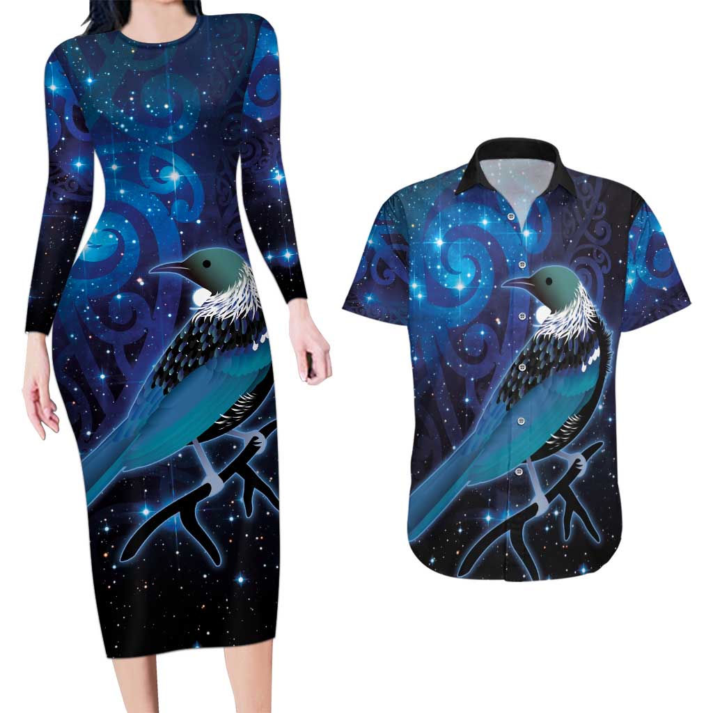 New Zealand Tui Bird Couples Matching Long Sleeve Bodycon Dress and Hawaiian Shirt The Pleiades Star Cluster and Koru Tribal Tattoo Galaxy Vibe