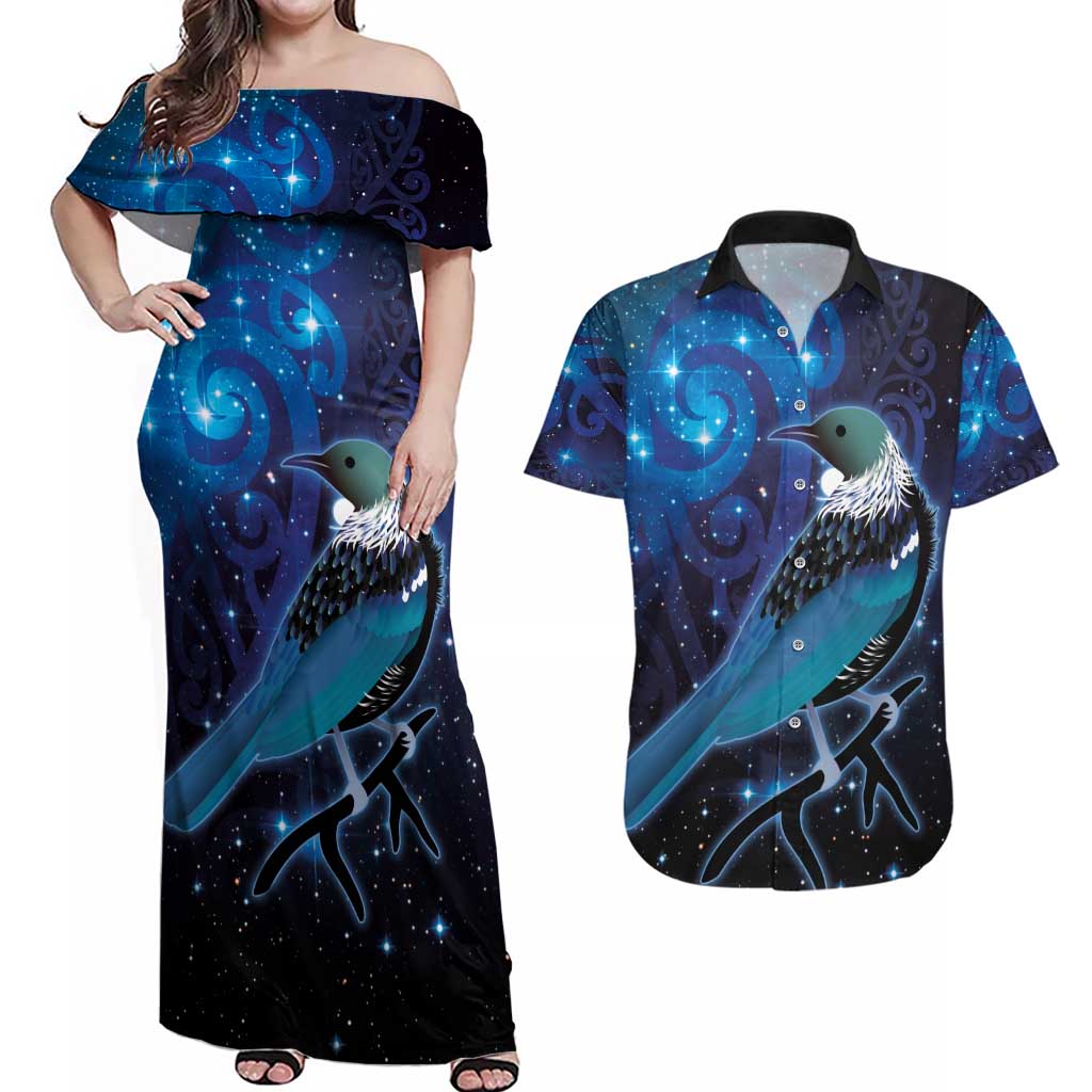 New Zealand Tui Bird Couples Matching Off Shoulder Maxi Dress and Hawaiian Shirt The Pleiades Star Cluster and Koru Tribal Tattoo Galaxy Vibe