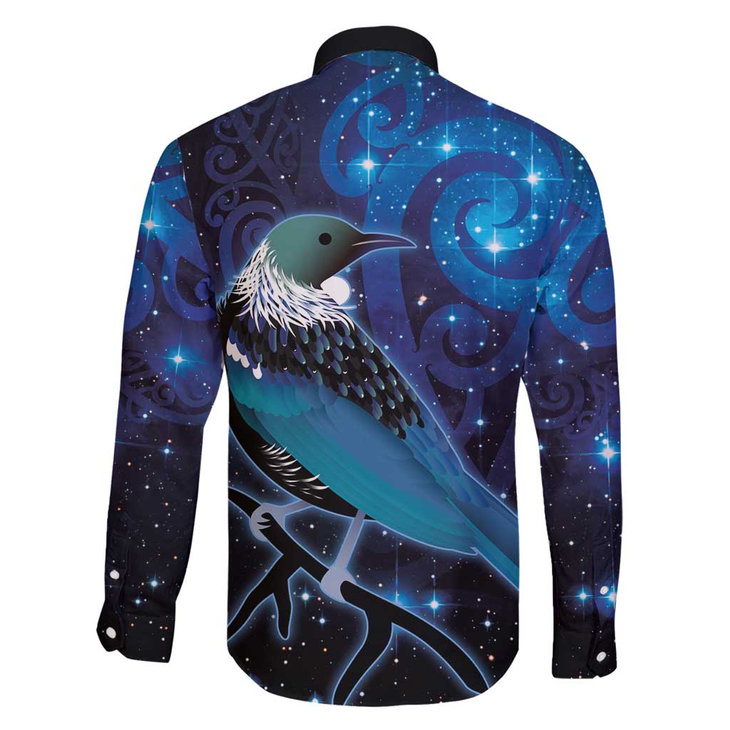 New Zealand Tui Bird Family Matching Long Sleeve Bodycon Dress and Hawaiian Shirt The Pleiades Star Cluster and Koru Tribal Tattoo Galaxy Vibe