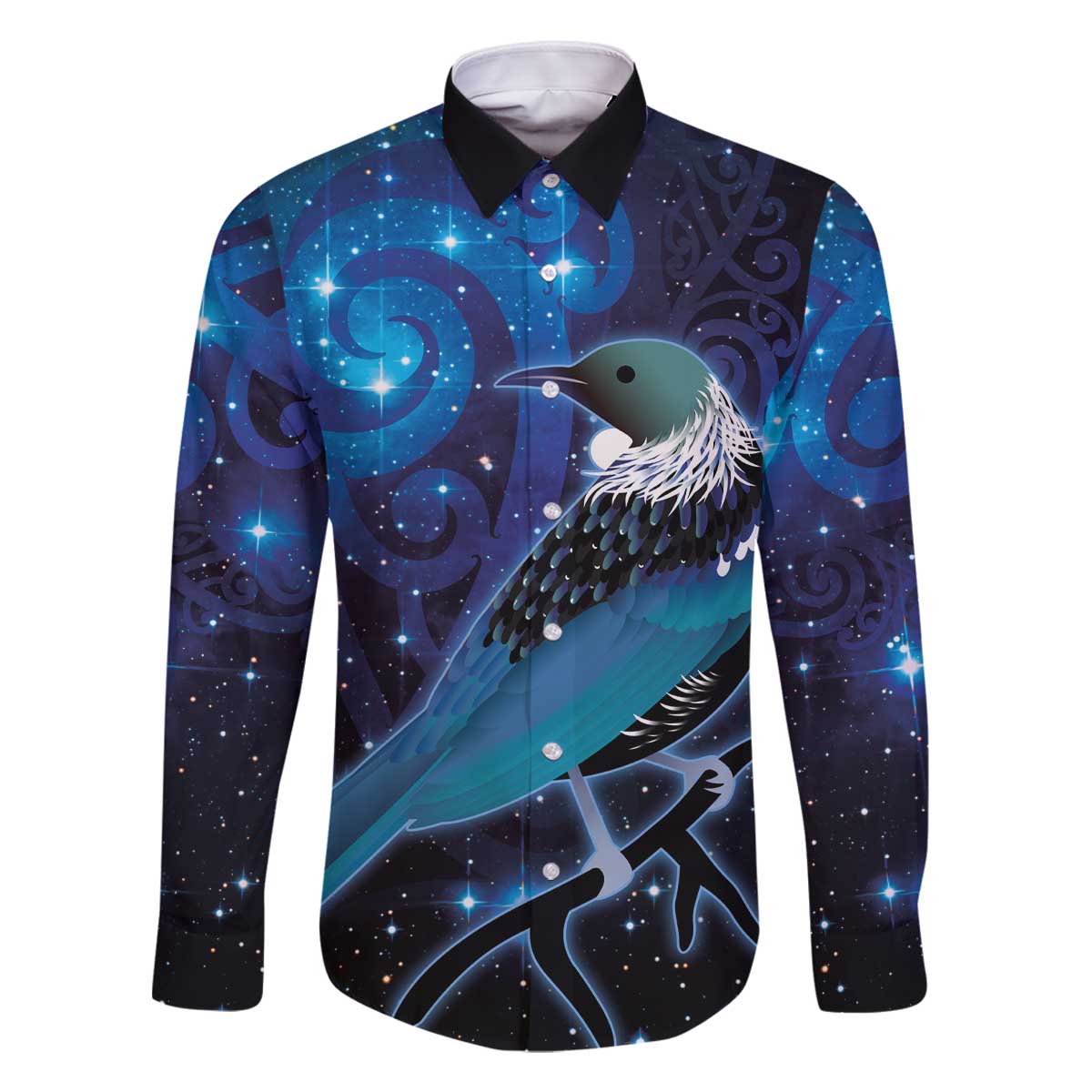 New Zealand Tui Bird Family Matching Off The Shoulder Long Sleeve Dress and Hawaiian Shirt The Pleiades Star Cluster and Koru Tribal Tattoo Galaxy Vibe