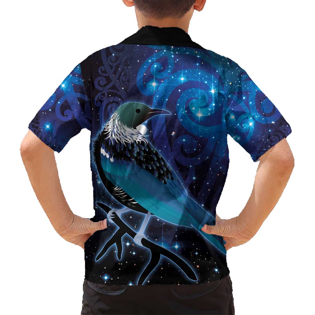 New Zealand Tui Bird Family Matching Off Shoulder Maxi Dress and Hawaiian Shirt The Pleiades Star Cluster and Koru Tribal Tattoo Galaxy Vibe