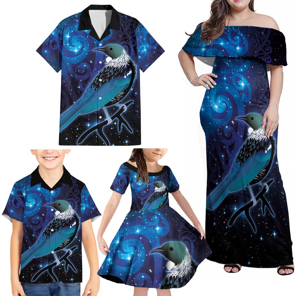 New Zealand Tui Bird Family Matching Off Shoulder Maxi Dress and Hawaiian Shirt The Pleiades Star Cluster and Koru Tribal Tattoo Galaxy Vibe LT03 - Polynesian Pride