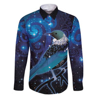 New Zealand Tui Bird Family Matching Off Shoulder Maxi Dress and Hawaiian Shirt The Pleiades Star Cluster and Koru Tribal Tattoo Galaxy Vibe