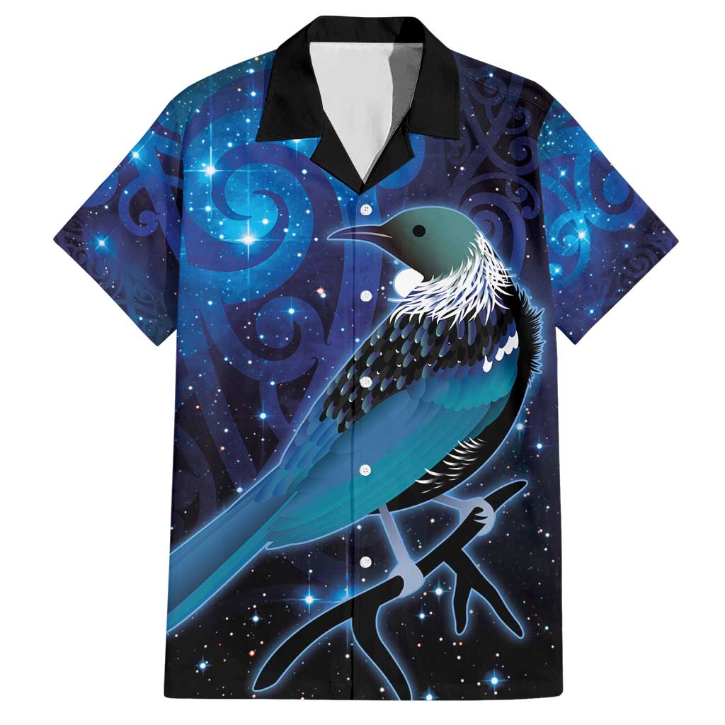 New Zealand Tui Bird Hawaiian Shirt The Pleiades Star Cluster and Koru Tribal Tattoo Galaxy Vibe