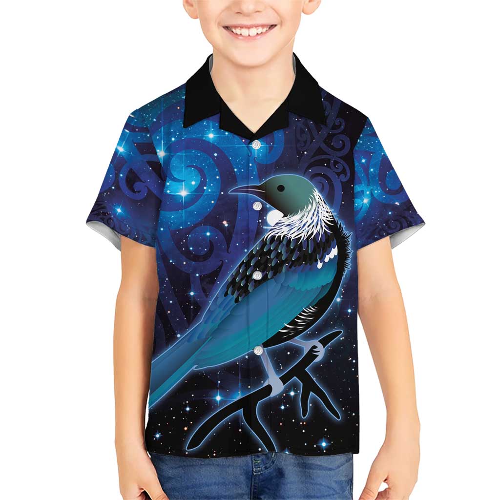 New Zealand Tui Bird Hawaiian Shirt The Pleiades Star Cluster and Koru Tribal Tattoo Galaxy Vibe LT03 - Polynesian Pride