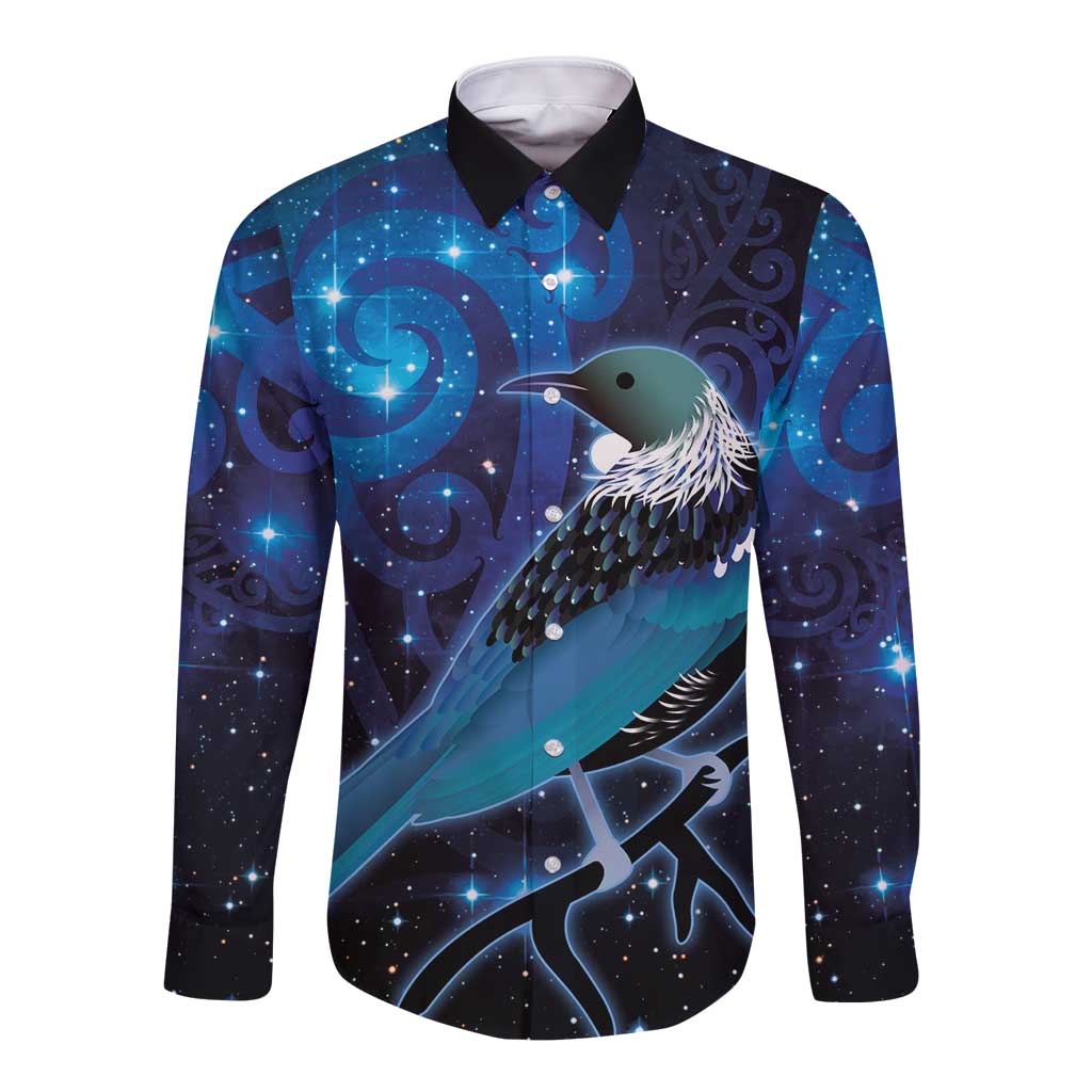 New Zealand Tui Bird Long Sleeve Button Shirt The Pleiades Star Cluster and Koru Tribal Tattoo Galaxy Vibe