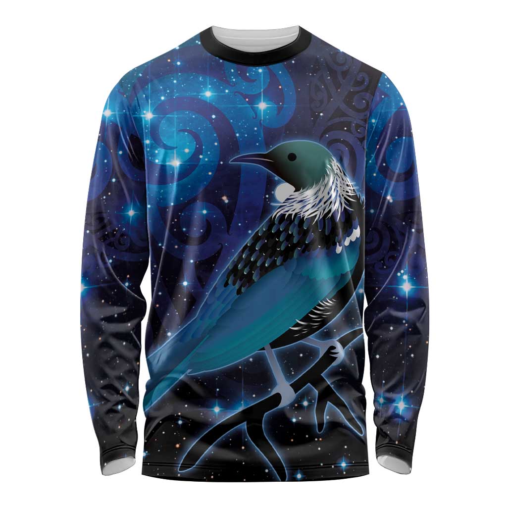 New Zealand Tui Bird Long Sleeve Shirt The Pleiades Star Cluster and Koru Tribal Tattoo Galaxy Vibe