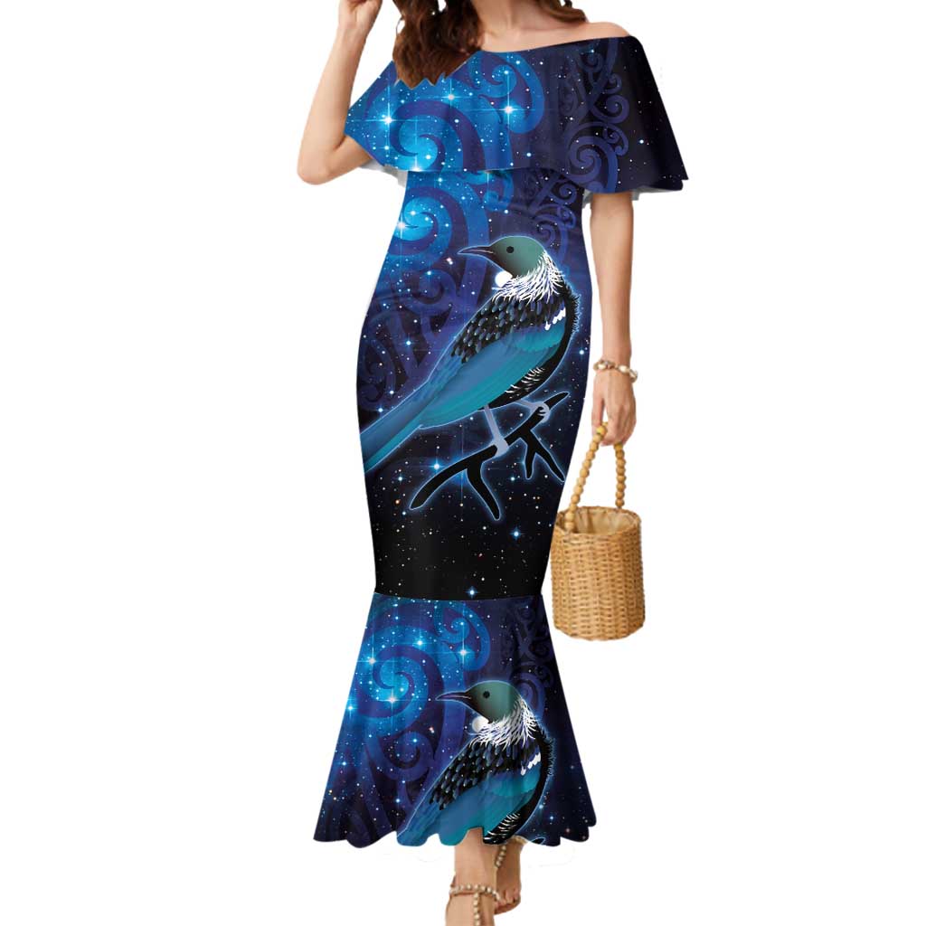 New Zealand Tui Bird Mermaid Dress The Pleiades Star Cluster and Koru Tribal Tattoo Galaxy Vibe