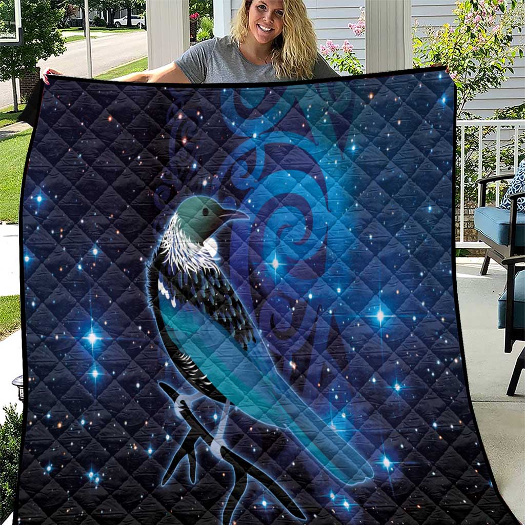 New Zealand Tui Bird Quilt The Pleiades Star Cluster and Koru Tribal Tattoo Galaxy Vibe