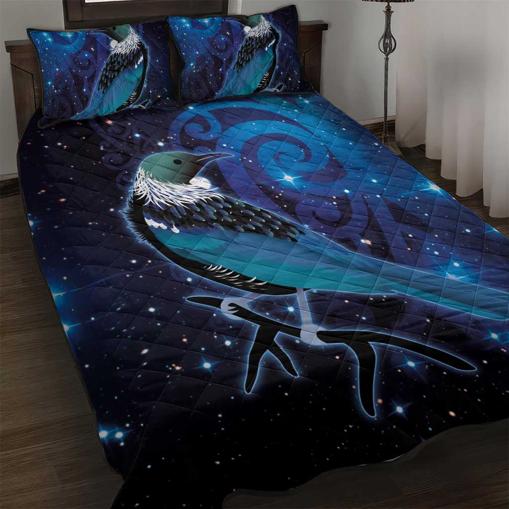 New Zealand Tui Bird Quilt Bed Set The Pleiades Star Cluster and Koru Tribal Tattoo Galaxy Vibe