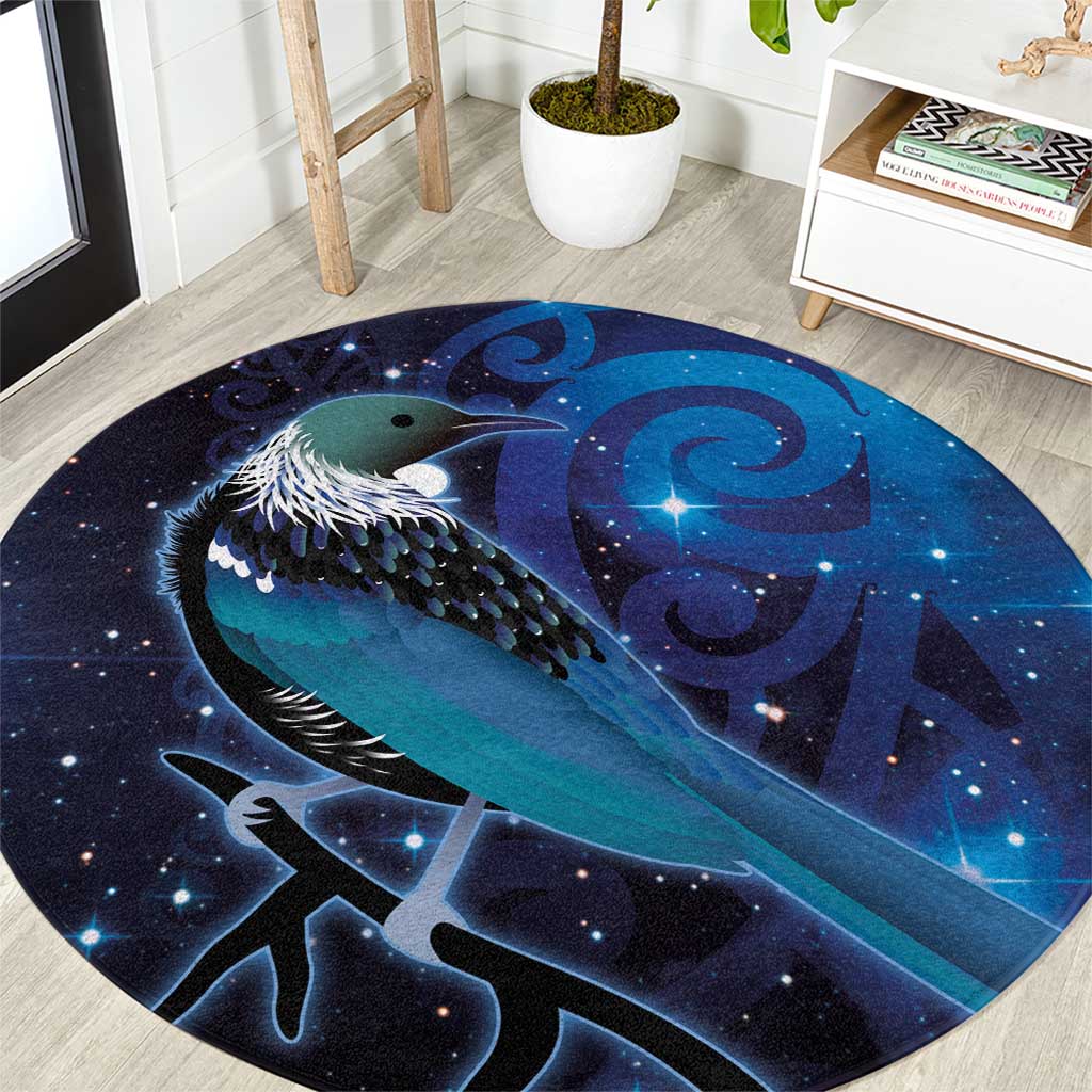 New Zealand Tui Bird Round Carpet The Pleiades Star Cluster and Koru Tribal Tattoo Galaxy Vibe