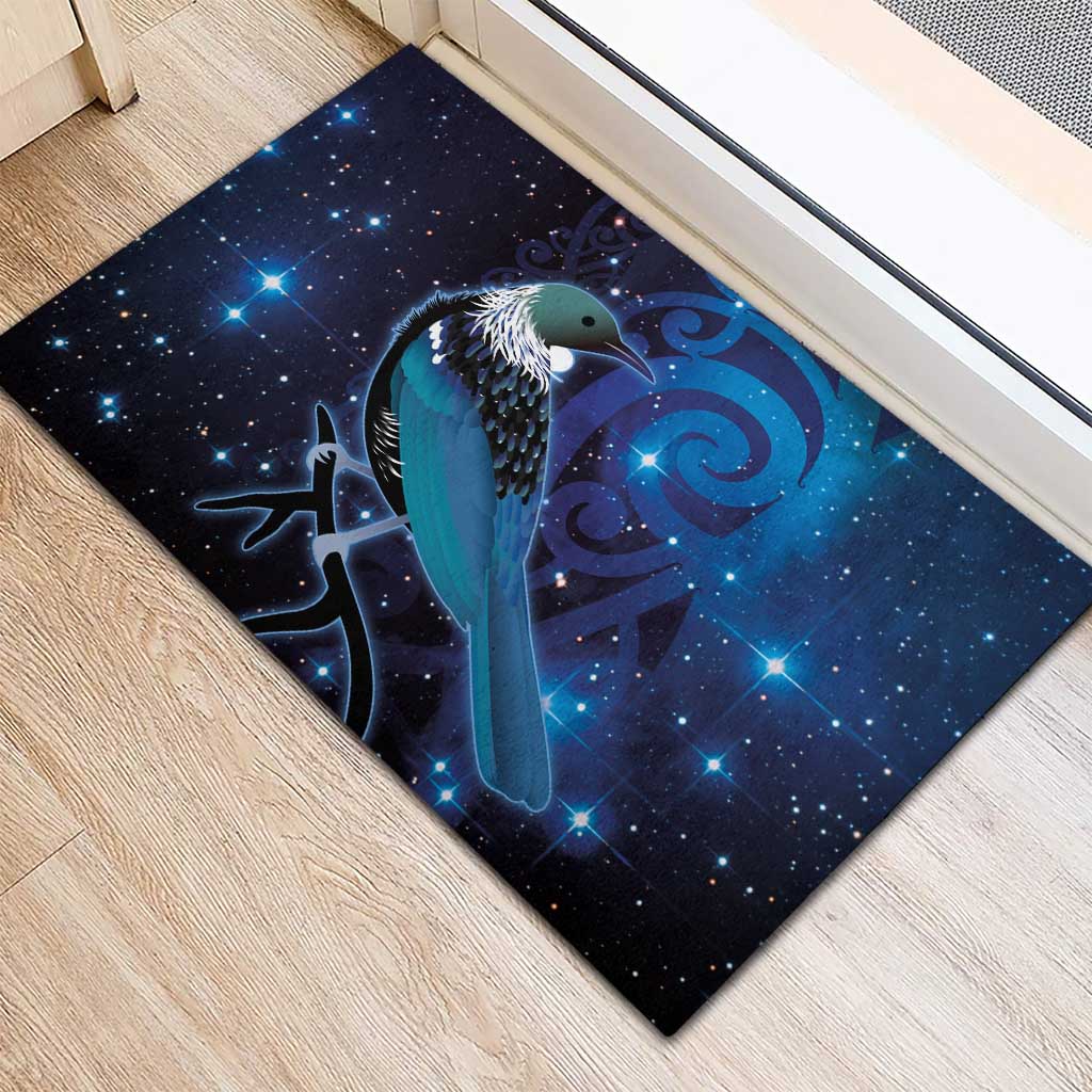 New Zealand Tui Bird Rubber Doormat The Pleiades Star Cluster and Koru Tribal Tattoo Galaxy Vibe