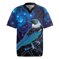 New Zealand Tui Bird Rugby Jersey The Pleiades Star Cluster and Koru Tribal Tattoo Galaxy Vibe