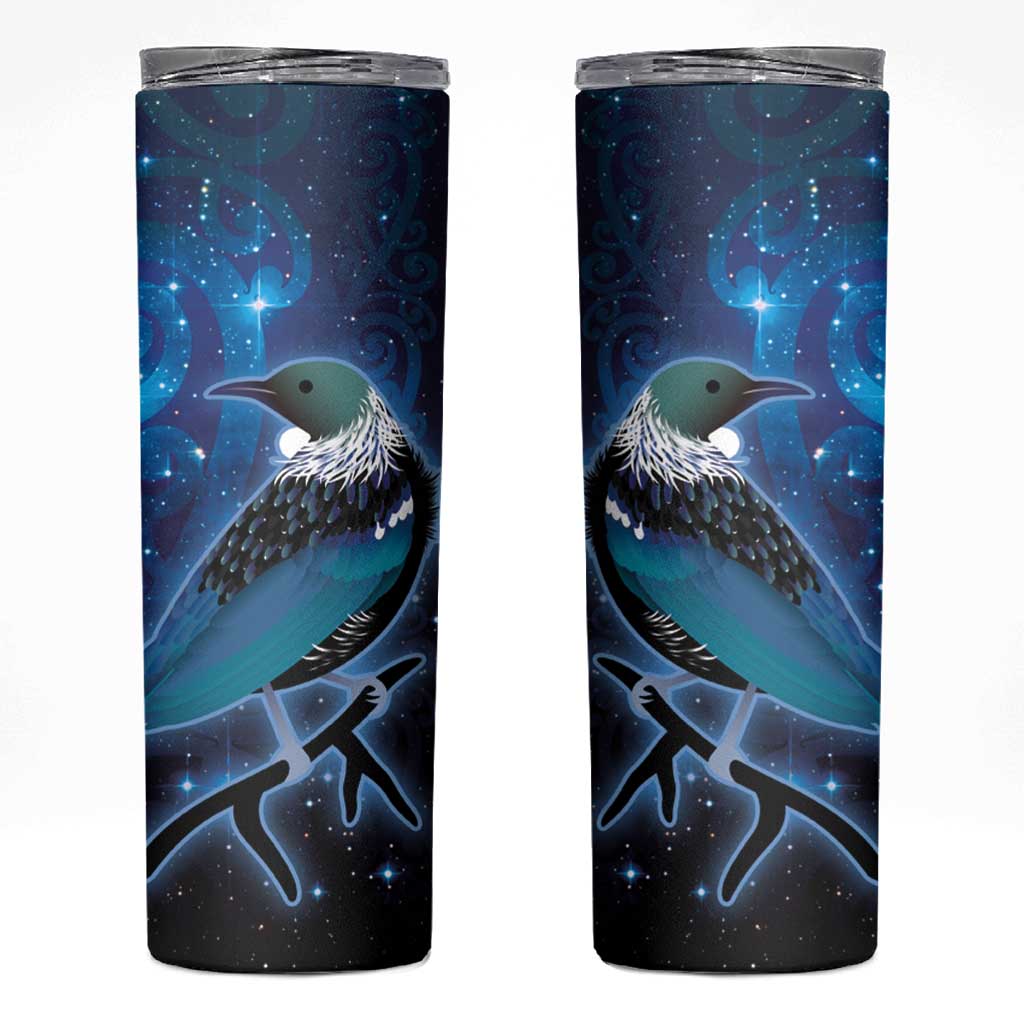 New Zealand Tui Bird Skinny Tumbler The Pleiades Star Cluster and Koru Tribal Tattoo Galaxy Vibe