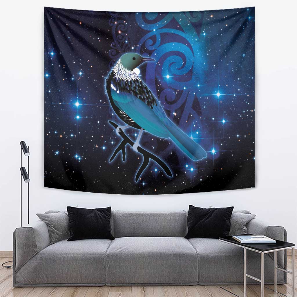 New Zealand Tui Bird Tapestry The Pleiades Star Cluster and Koru Tribal Tattoo Galaxy Vibe