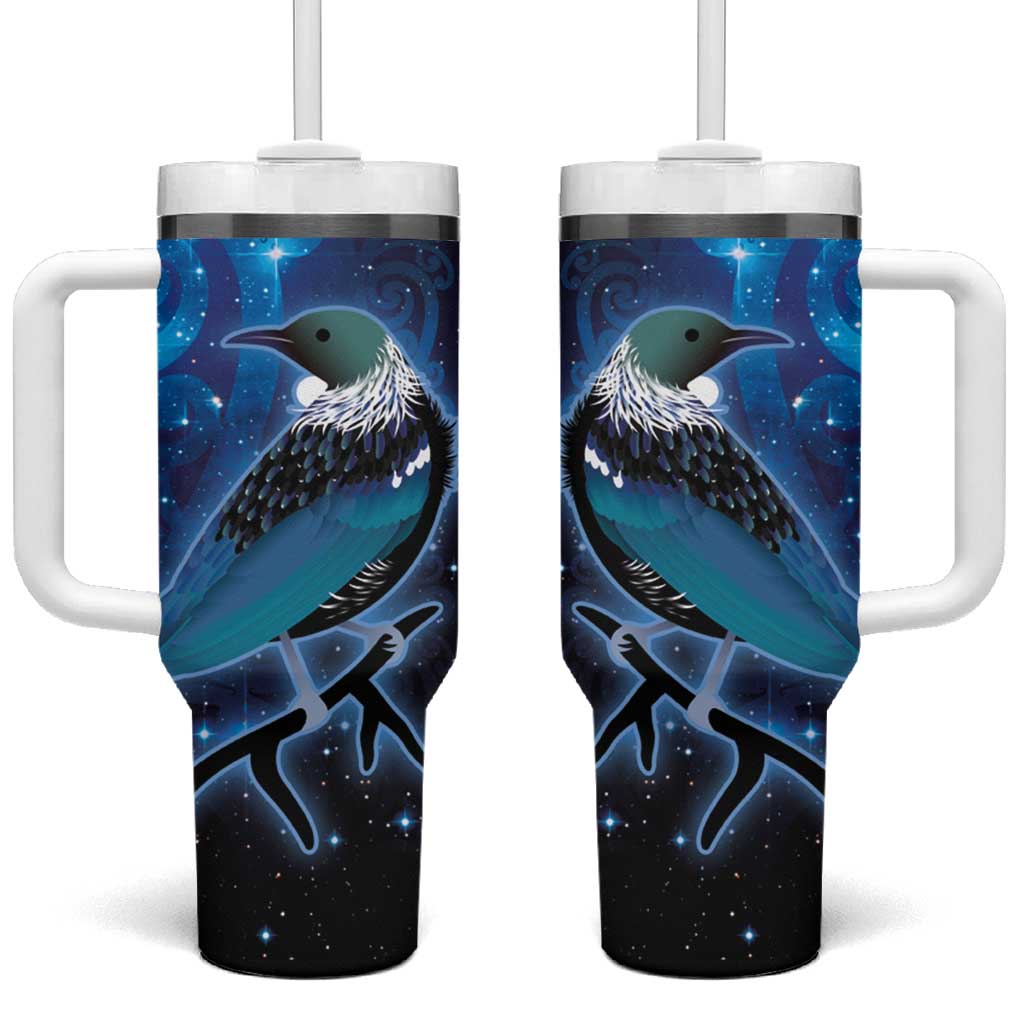 New Zealand Tui Bird Tumbler With Handle The Pleiades Star Cluster and Koru Tribal Tattoo Galaxy Vibe