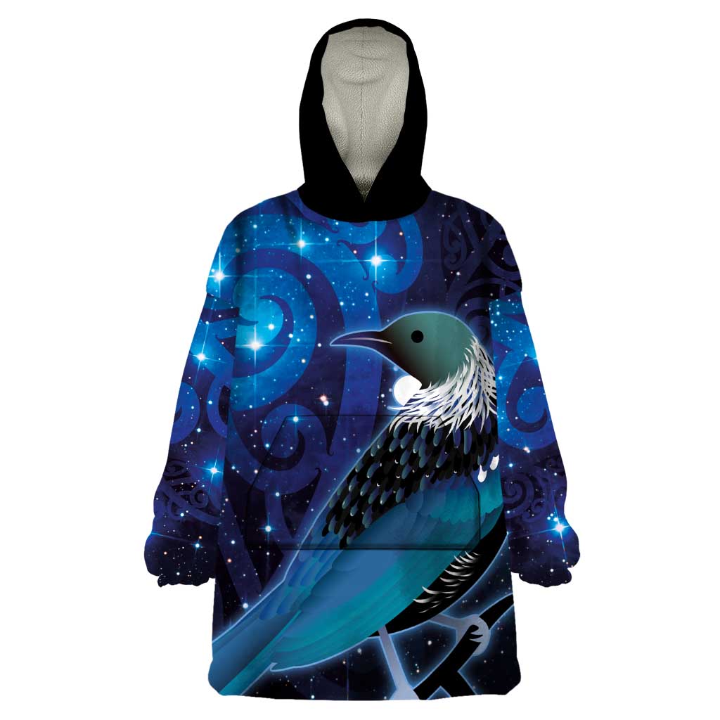 New Zealand Tui Bird Wearable Blanket Hoodie The Pleiades Star Cluster and Koru Tribal Tattoo Galaxy Vibe