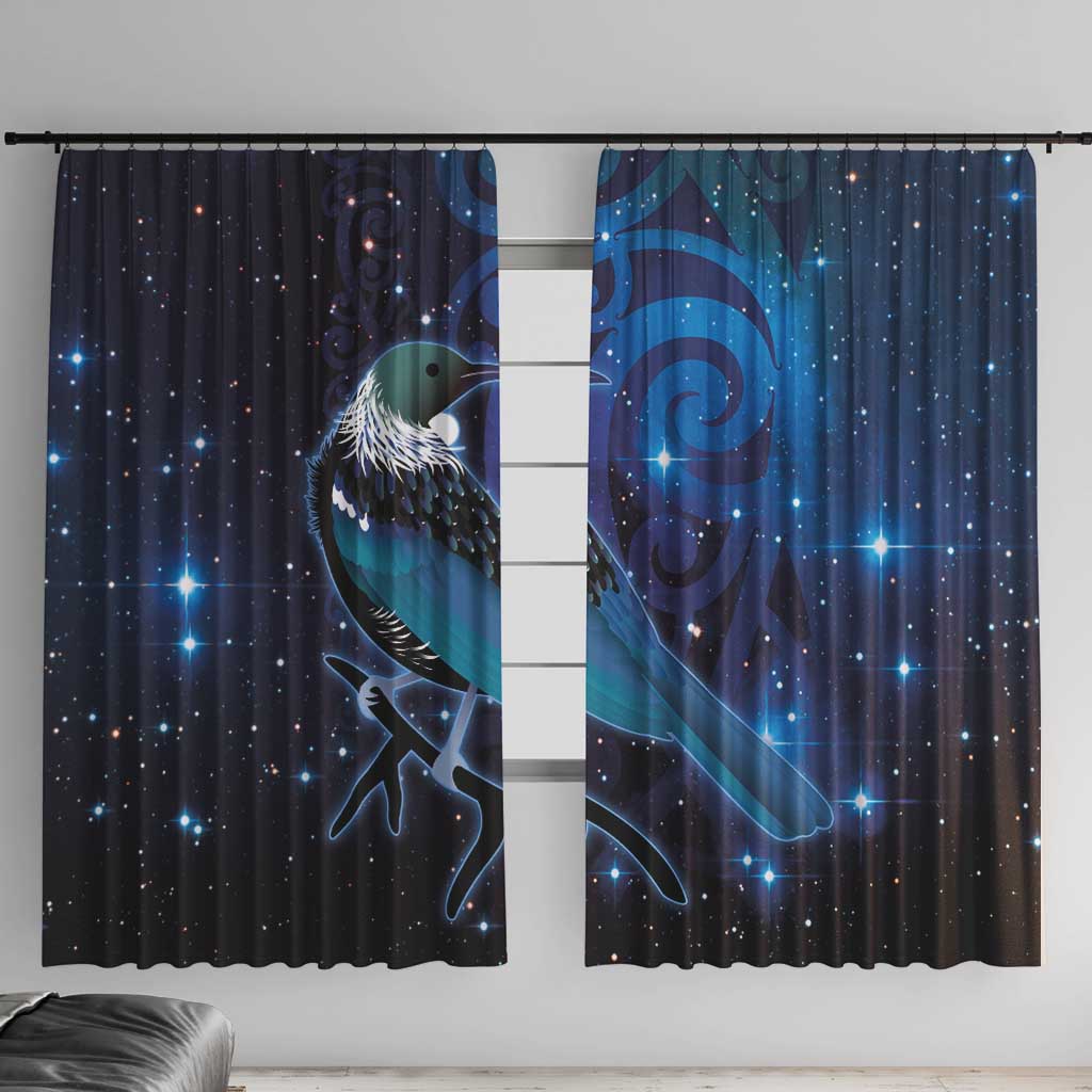 New Zealand Tui Bird Window Curtain The Pleiades Star Cluster and Koru Tribal Tattoo Galaxy Vibe