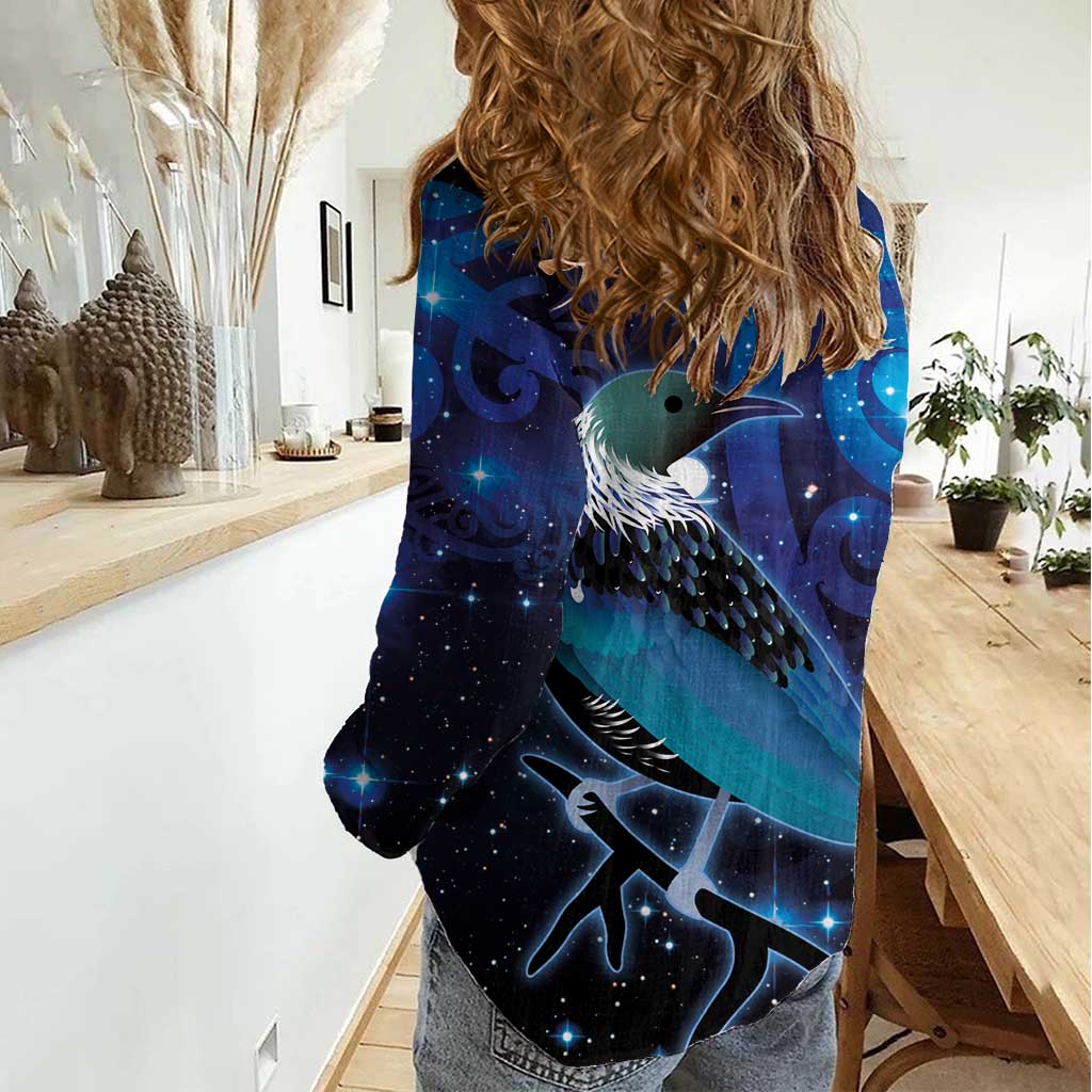 New Zealand Tui Bird Women Casual Shirt The Pleiades Star Cluster and Koru Tribal Tattoo Galaxy Vibe