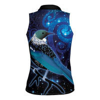 New Zealand Tui Bird Women Sleeveless Polo Shirt The Pleiades Star Cluster and Koru Tribal Tattoo Galaxy Vibe