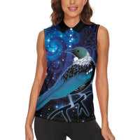 New Zealand Tui Bird Women Sleeveless Polo Shirt The Pleiades Star Cluster and Koru Tribal Tattoo Galaxy Vibe
