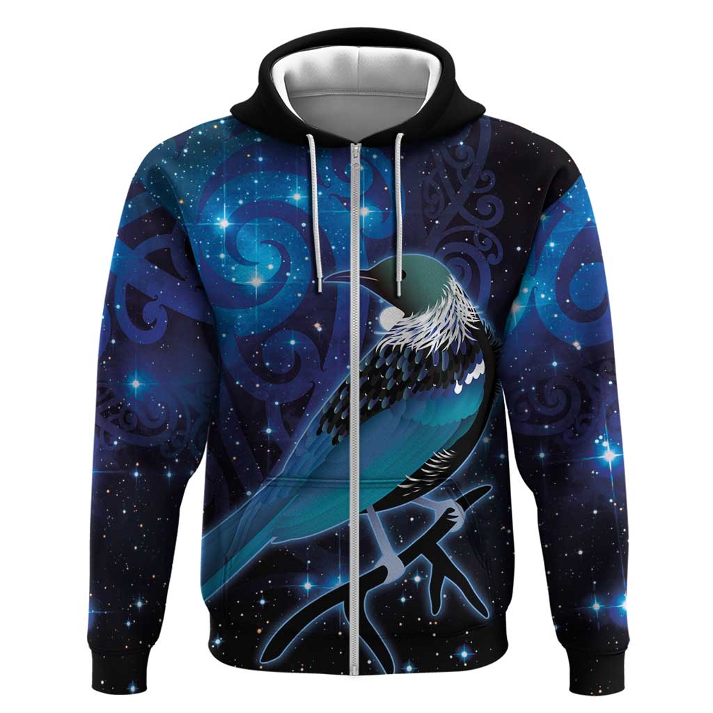 New Zealand Tui Bird Zip Hoodie The Pleiades Star Cluster and Koru Tribal Tattoo Galaxy Vibe