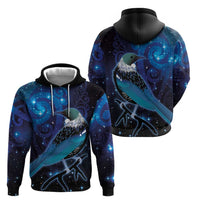 New Zealand Tui Bird Zip Hoodie The Pleiades Star Cluster and Koru Tribal Tattoo Galaxy Vibe