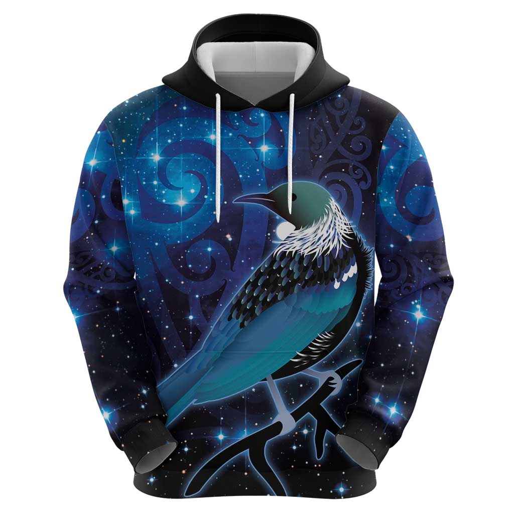 New Zealand Tui Bird Zip Hoodie The Pleiades Star Cluster and Koru Tribal Tattoo Galaxy Vibe