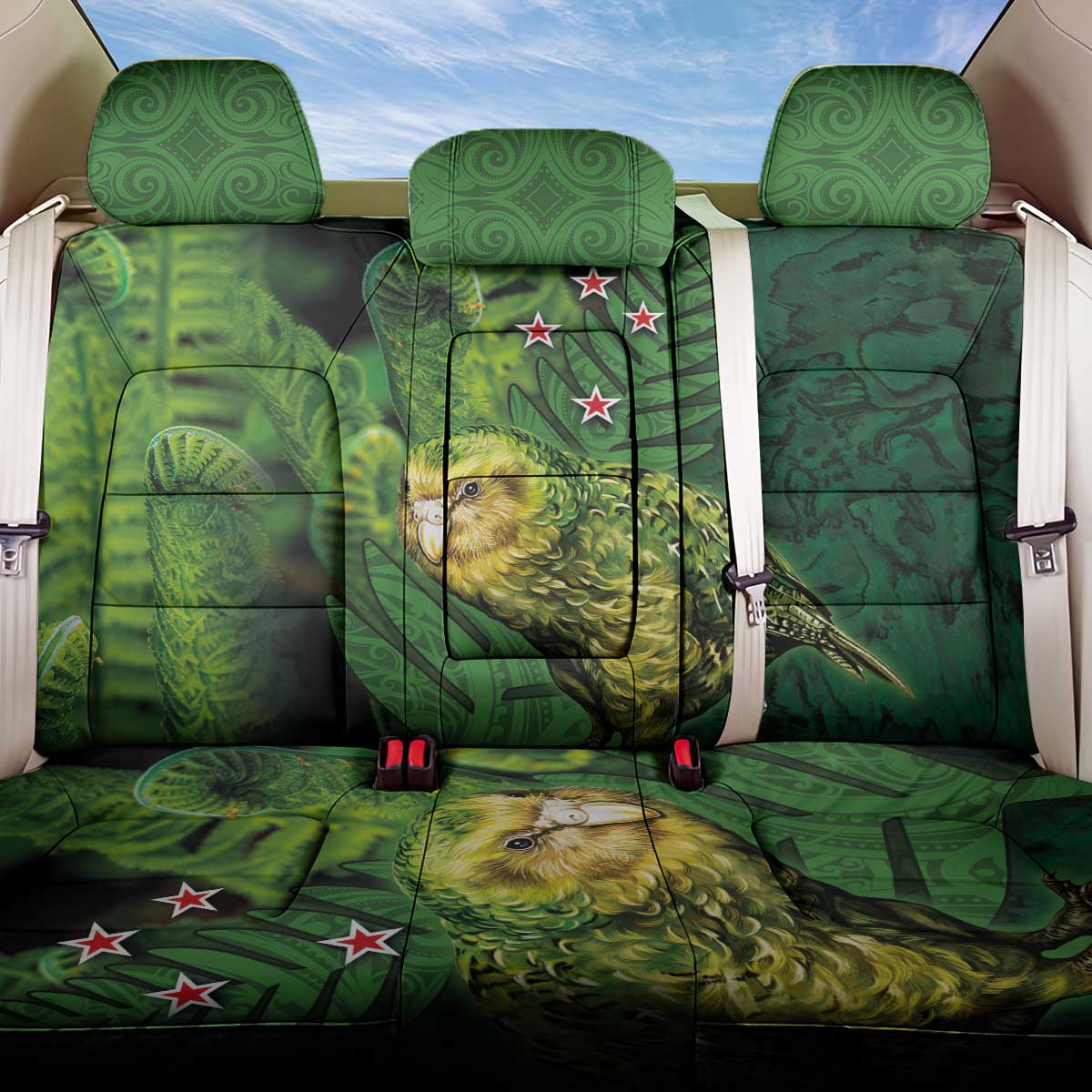 New Zealand Kākāpō Back Car Seat Cover Silver Fern with Close up of Green Fern Leaves and Maori Tattoo